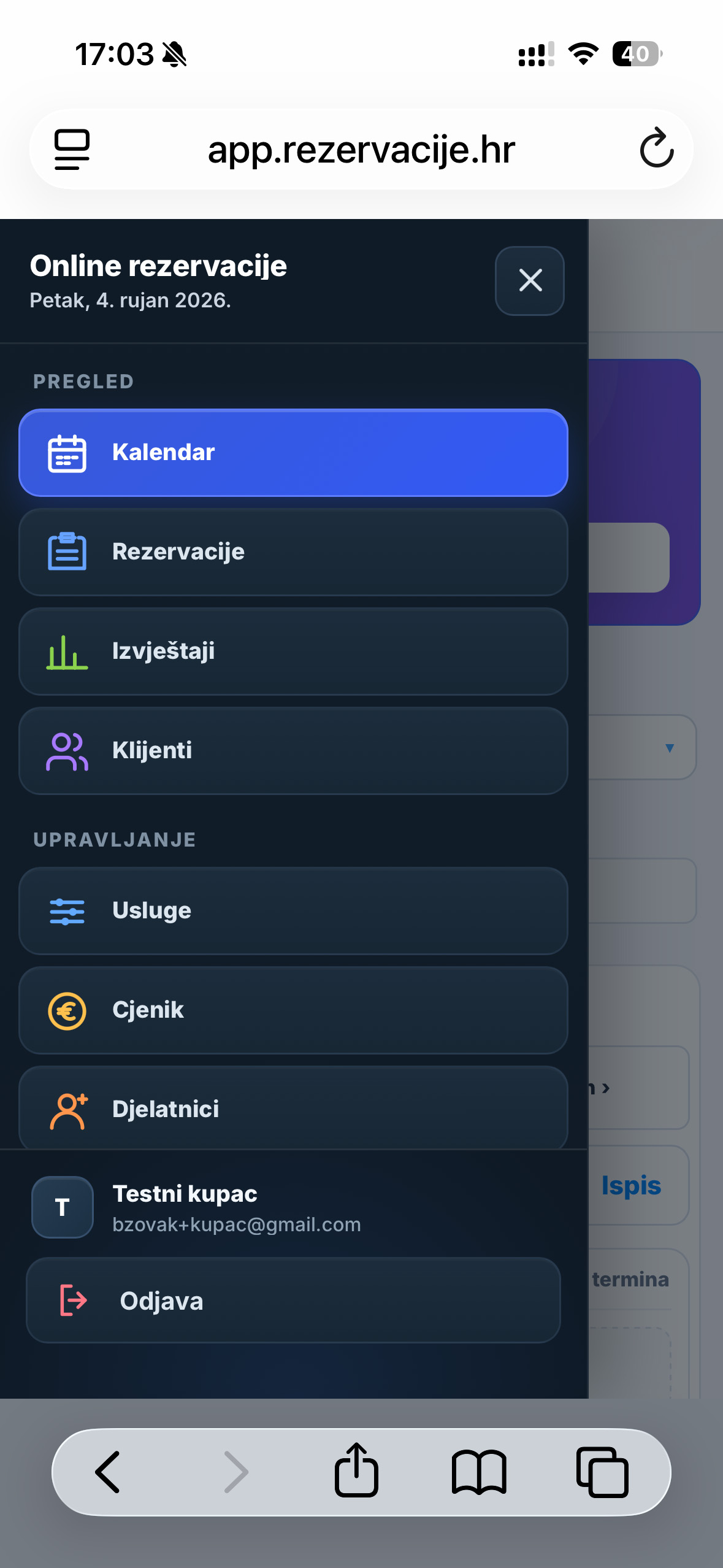 Glavni izbornik aplikacije Rezervacije.hr na mobilnom uređaju