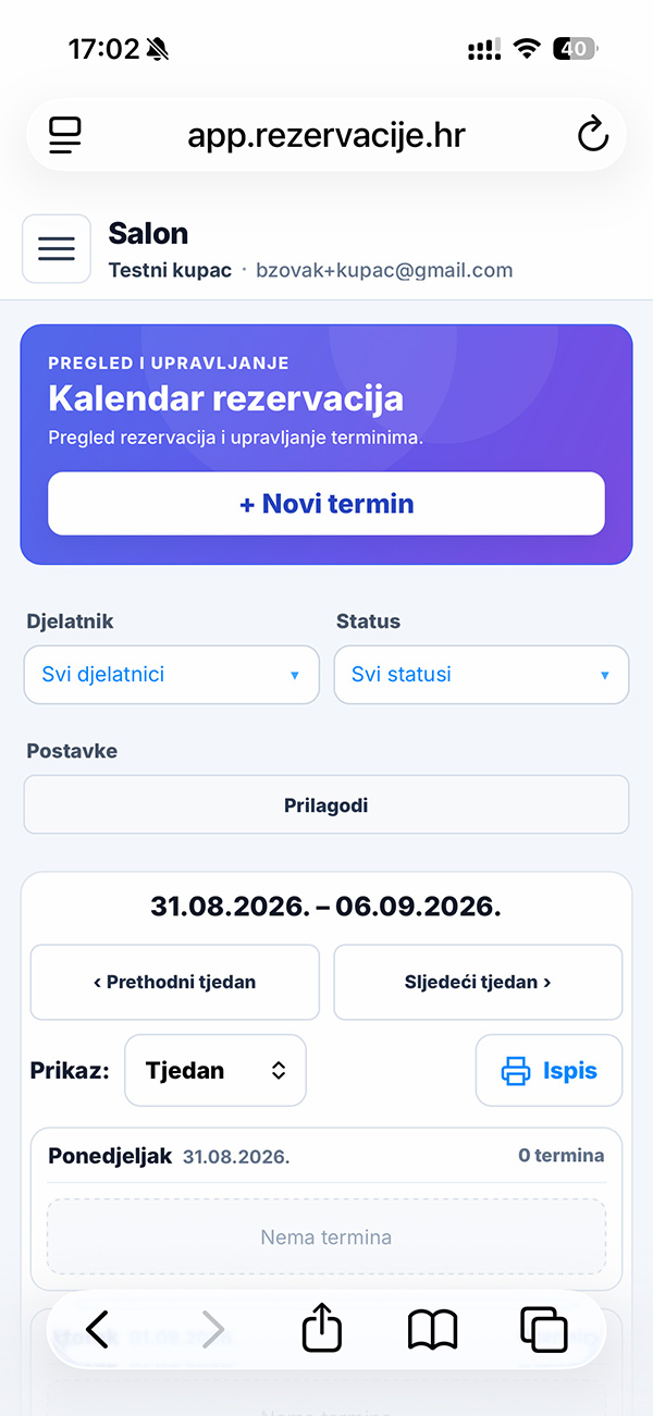Mobilni prikaz aplikacije Online rezervacije