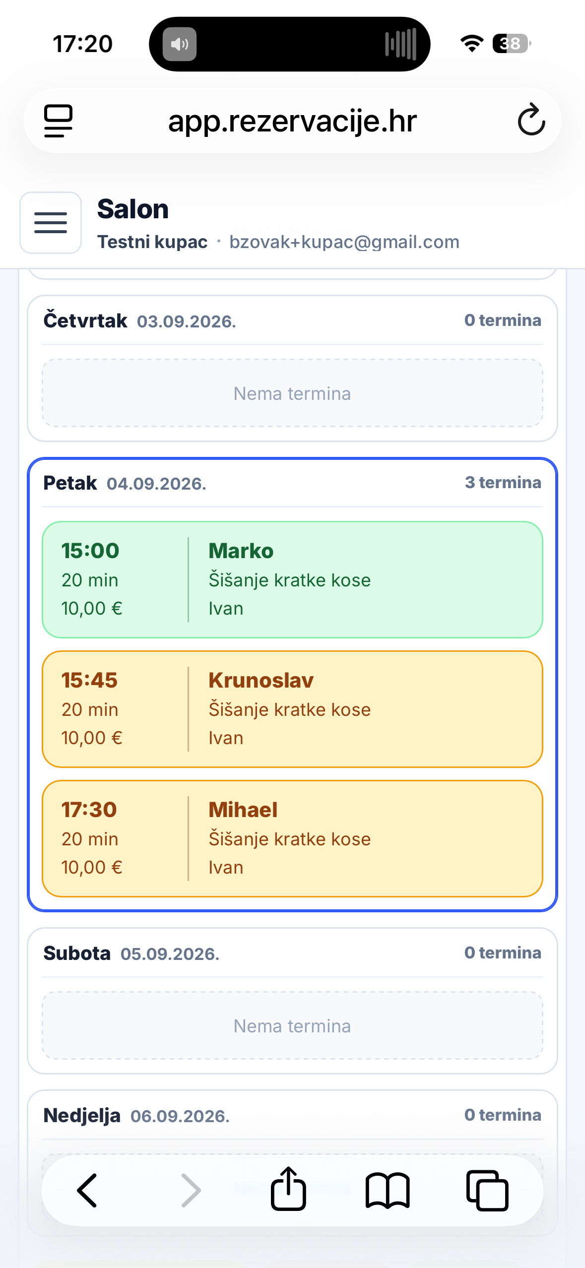 Dnevni raspored i termini u mobilnom prikazu aplikacije