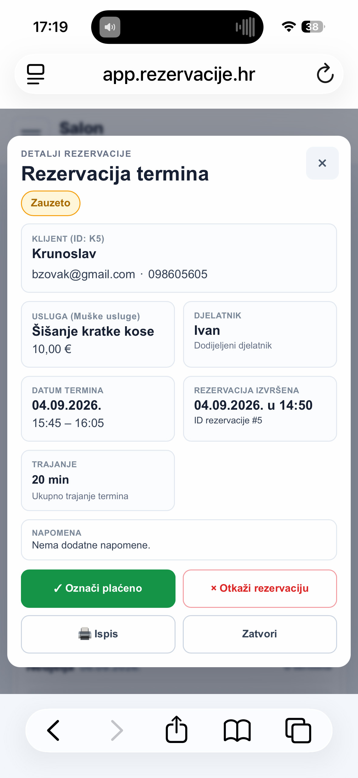 Detalji rezervacije u mobilnom prikazu aplikacije
